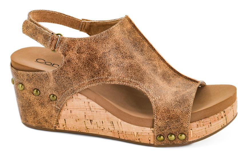 Corky's Carley Wedge Sandals Cognac Distressed