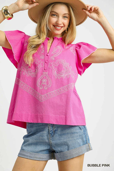 Umgee Embroidered Ruffle Sleeve Top