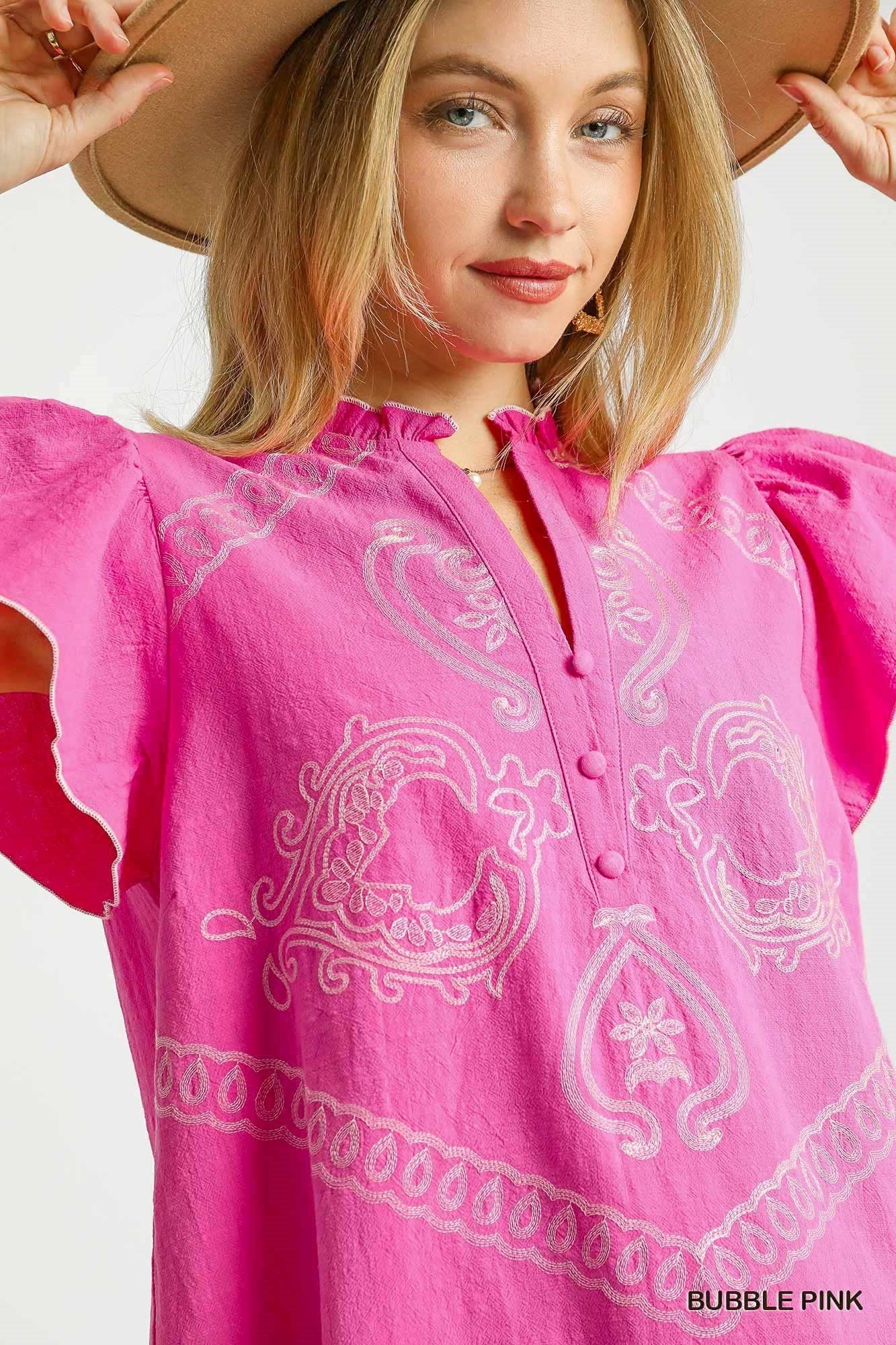 Umgee Embroidered Ruffle Sleeve Top