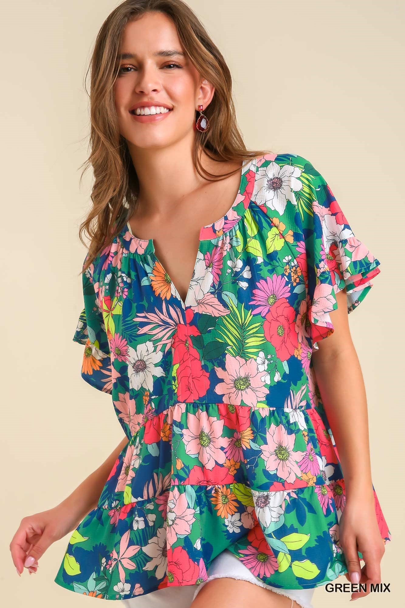 Umgee Mixed Print Split Neck Top