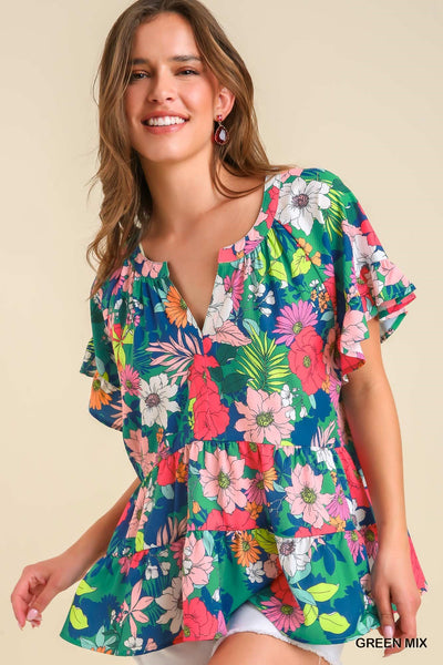 Umgee Mixed Print Split Neck Top