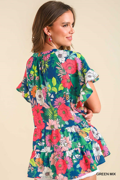 Umgee Mixed Print Split Neck Top