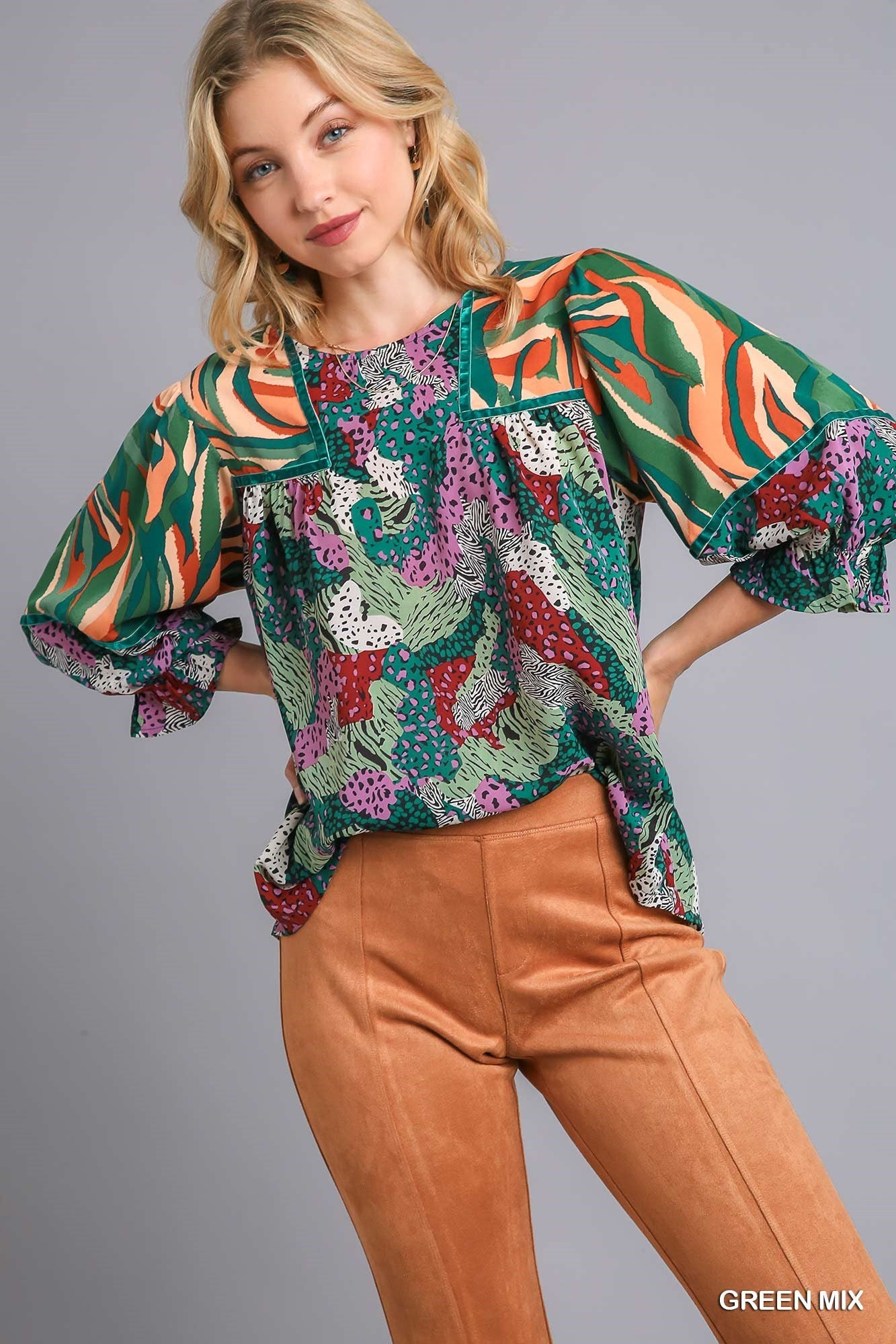 Umgee Mixed Print Top with Velvet