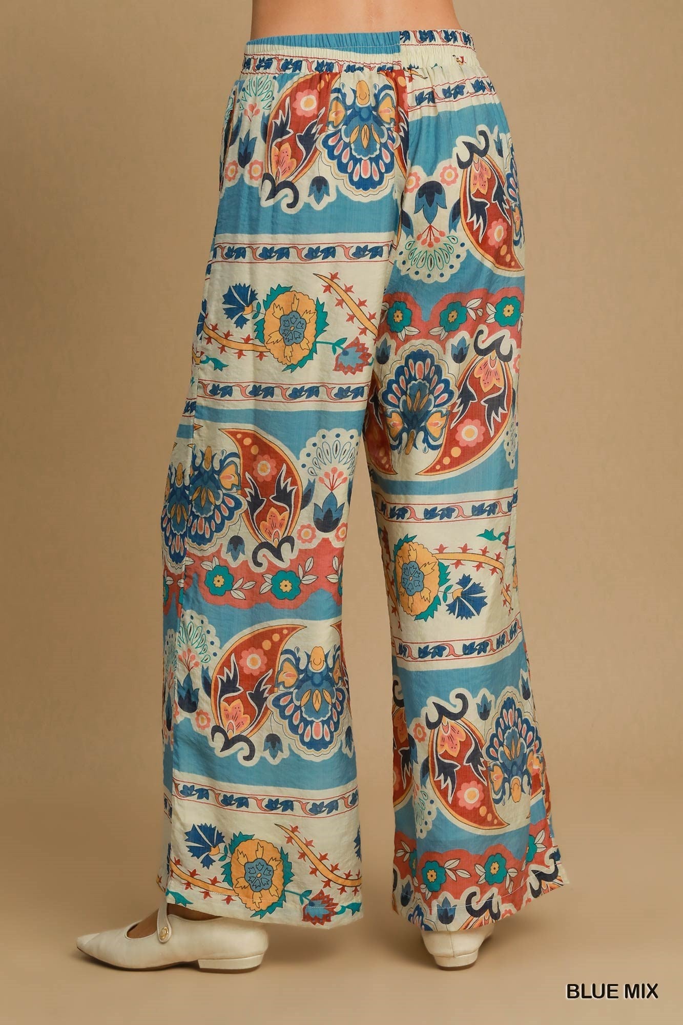 Umgee Wide Leg Border Print Pants