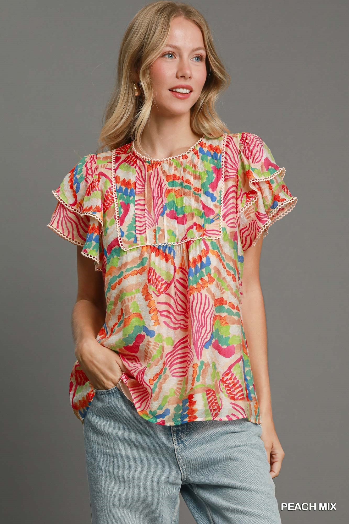 Umgee Abstract Double Ruffle Top