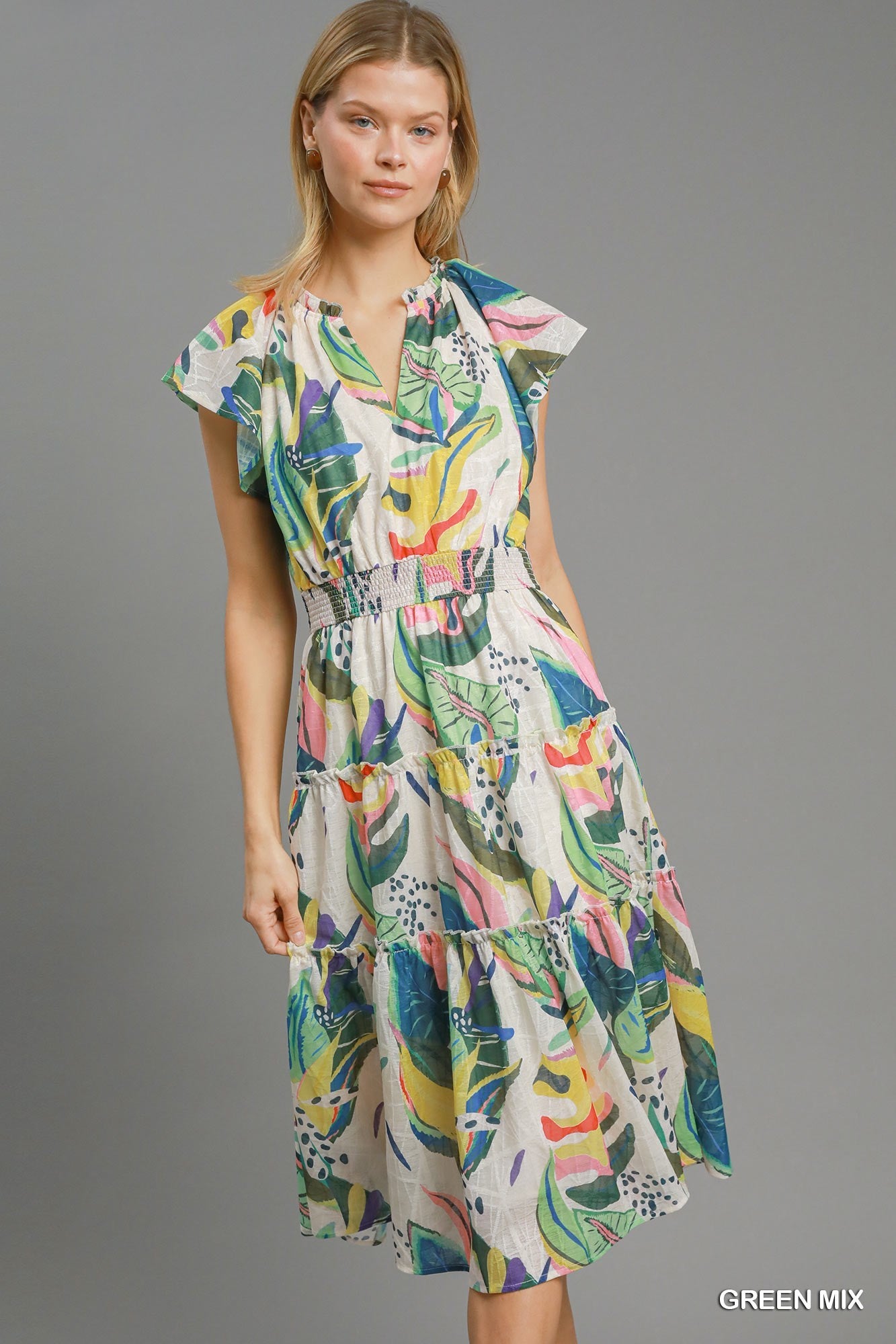 Umgee Leaf Print Tiered Midi Dress