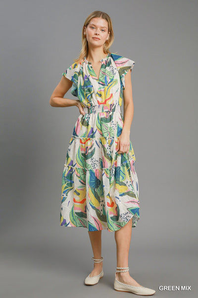 Umgee Leaf Print Tiered Midi Dress