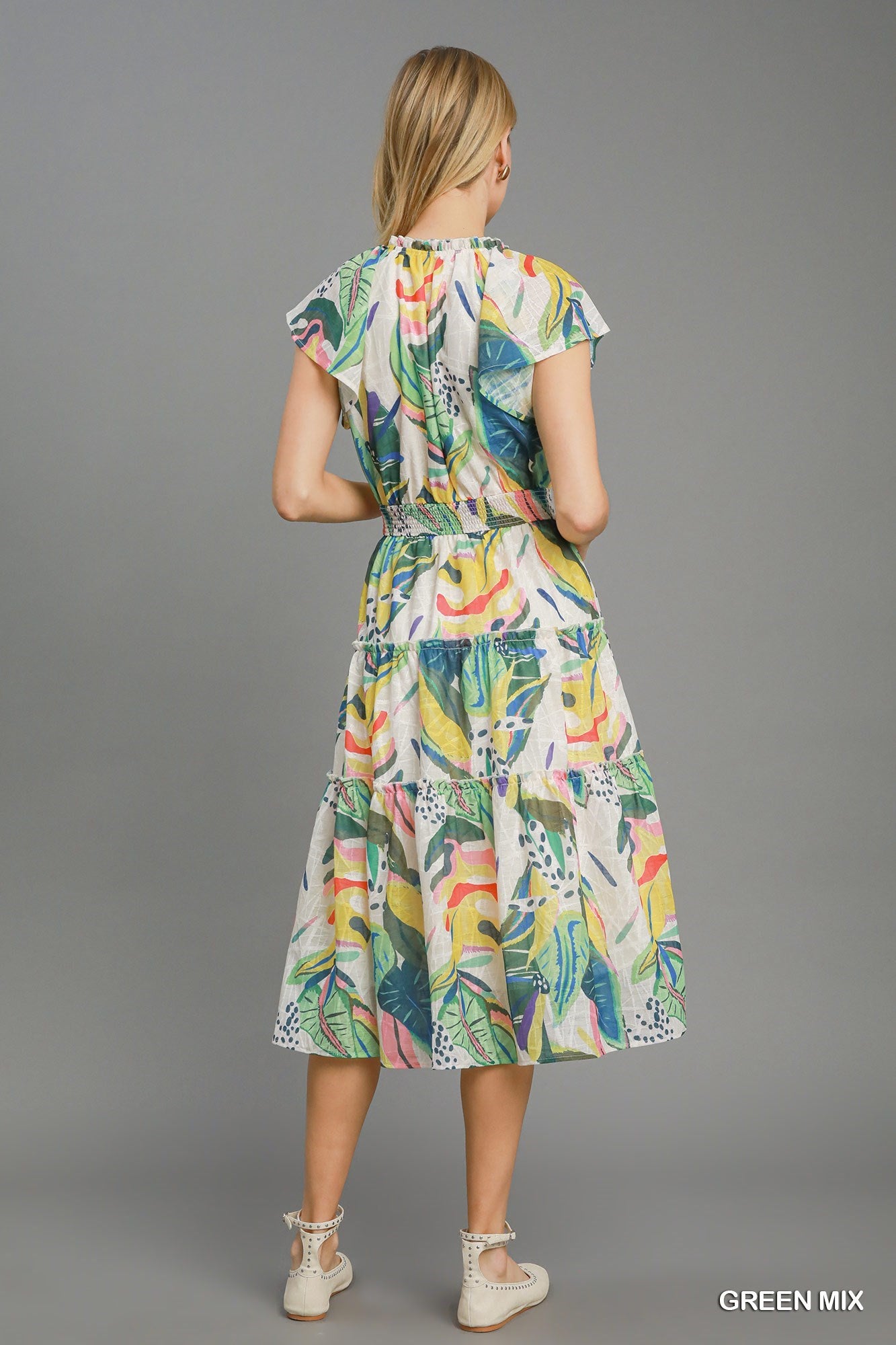 Umgee Leaf Print Tiered Midi Dress