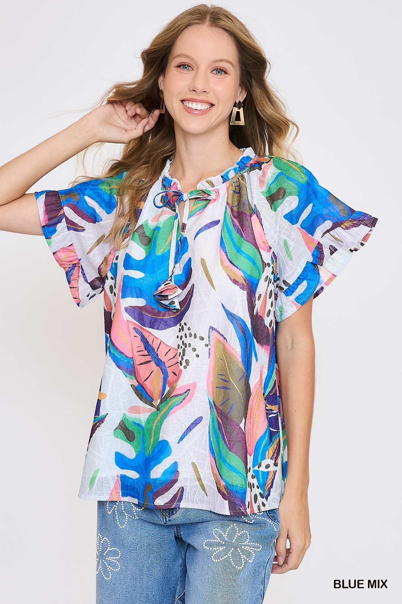 Umgee Abstract Print Top with Flutter Sleeves