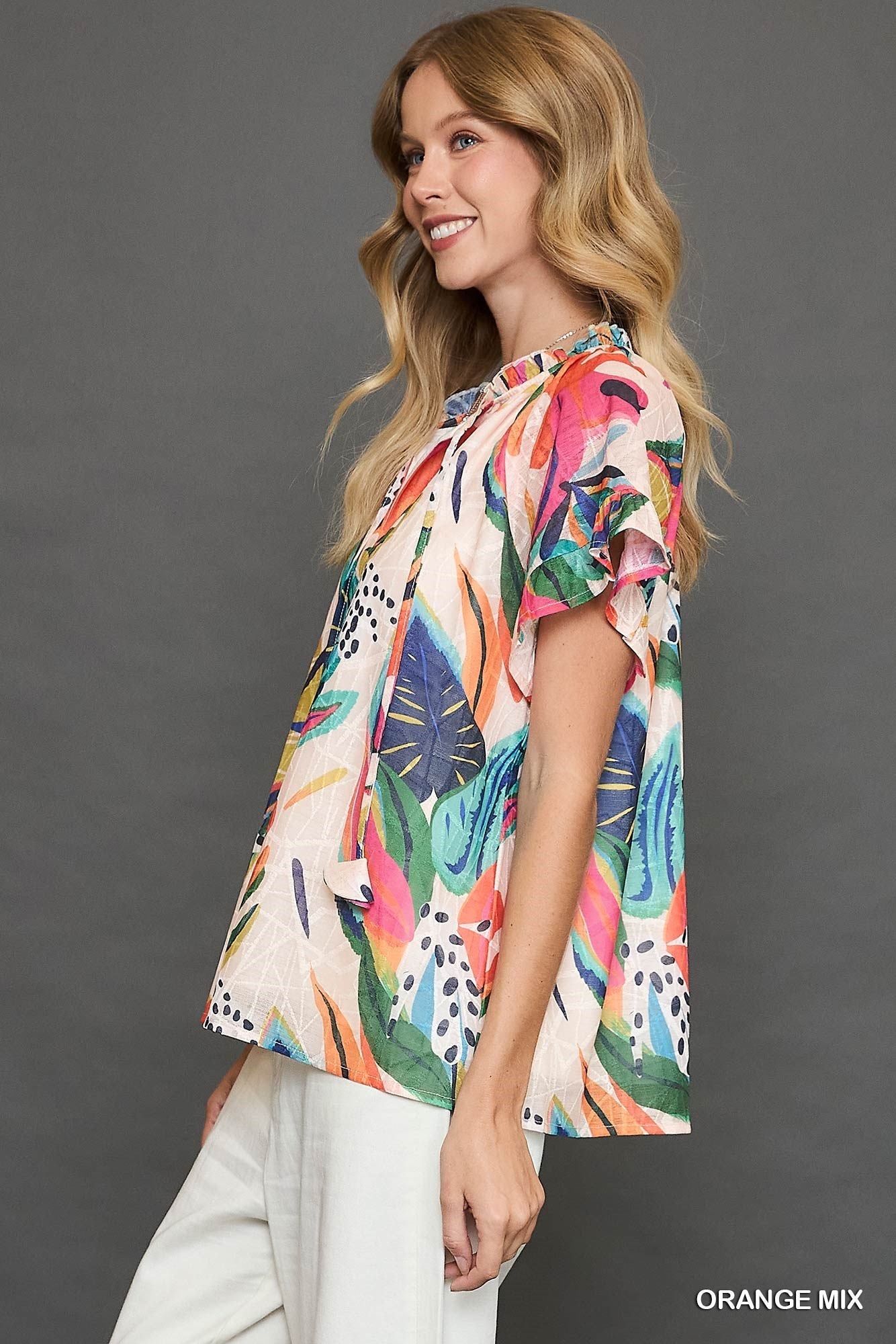 Umgee Abstract Print Top with Flutter Sleeves