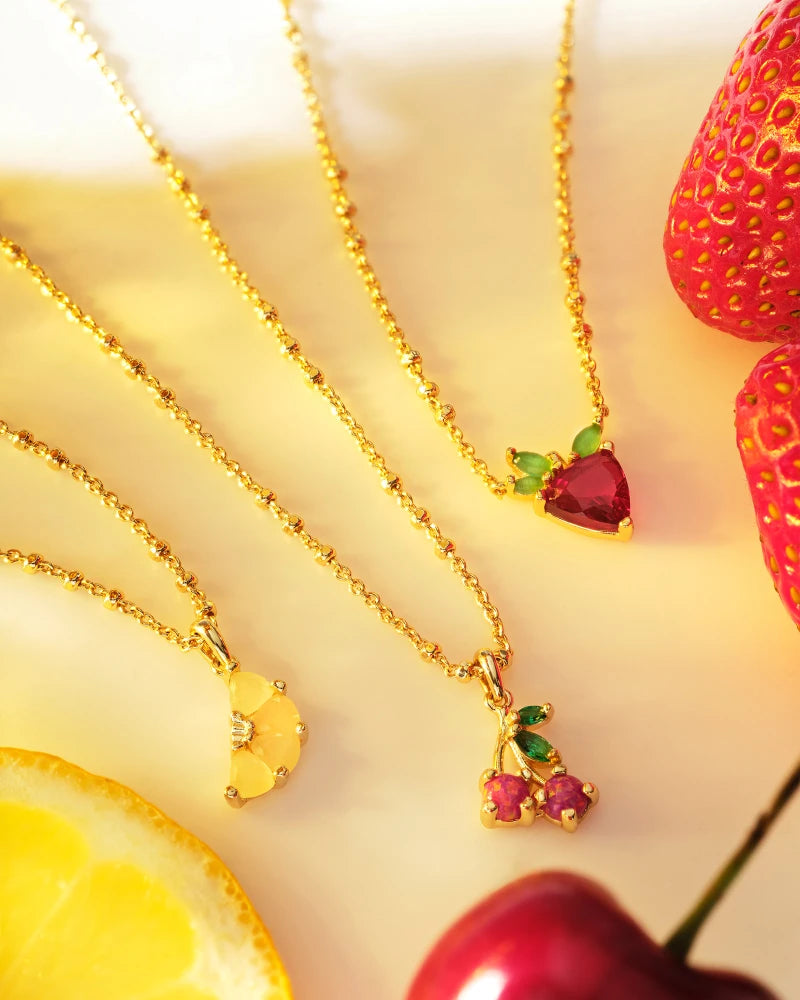 Strawberry Gold Short Pendant Necklace in Dark Pink Crystal