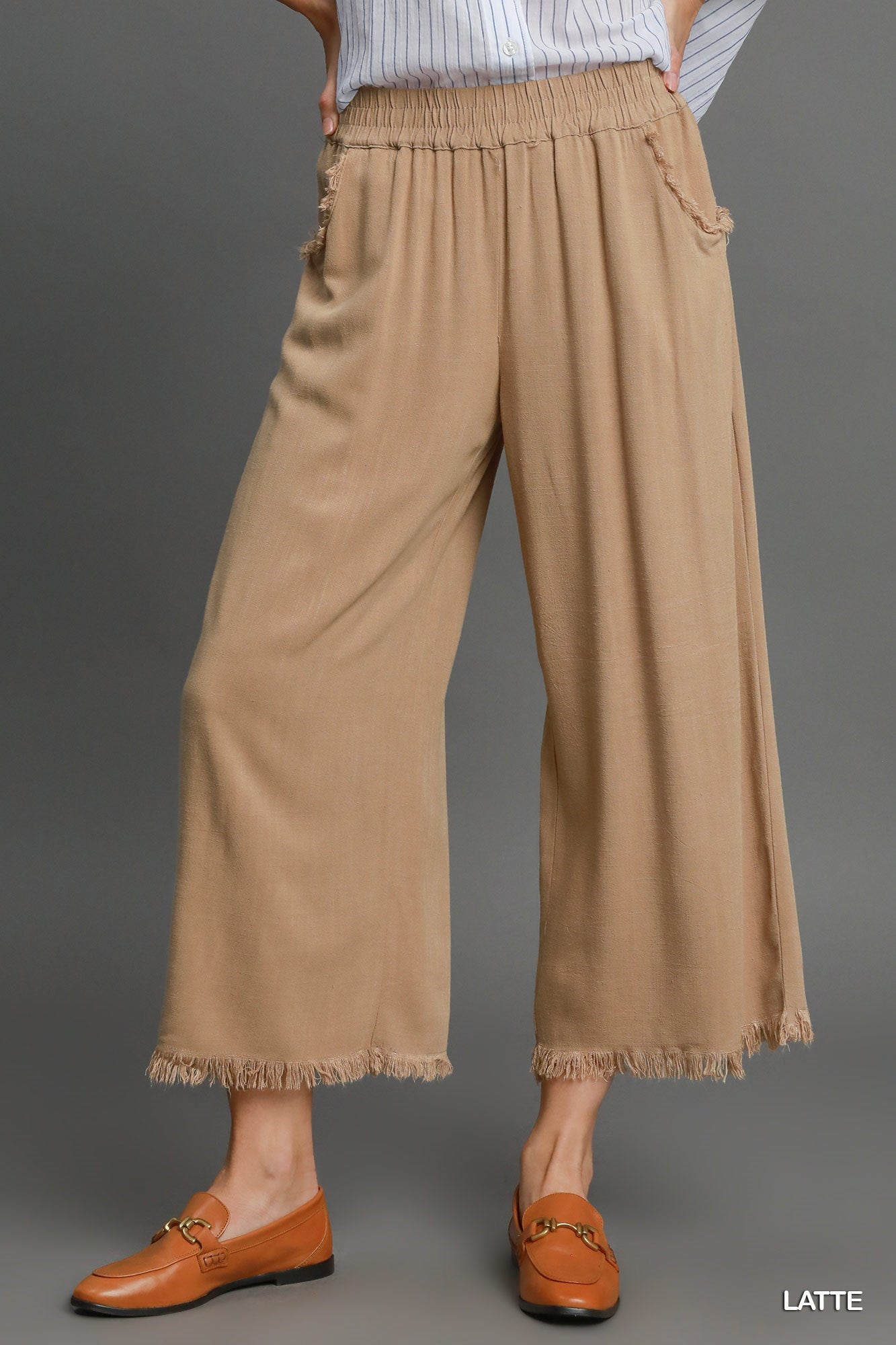 Umgee BEST SELLING Linen Wide Leg Fray Hem Pant