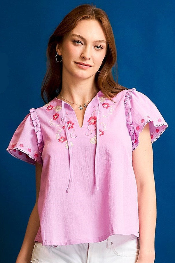 Umgee Embroidered Ruffle Sleeve Boho Blouse
