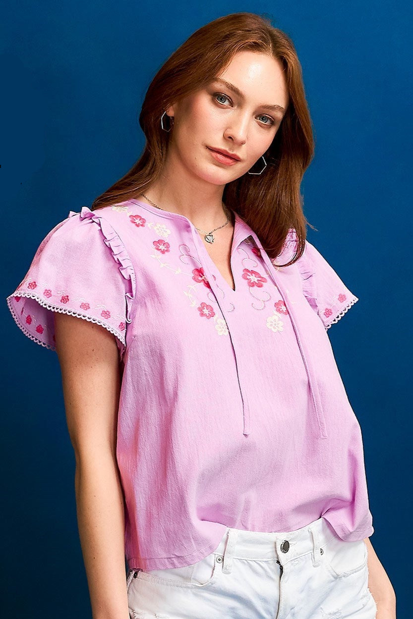 Umgee Embroidered Ruffle Sleeve Boho Blouse