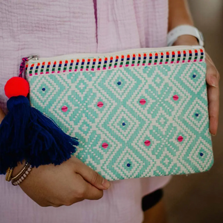 Mint Geometric Cotton Clutch with Tassel