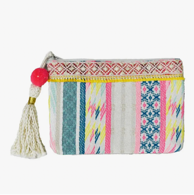 Multicolored Clutch with Frill and Pom Pom Tassel