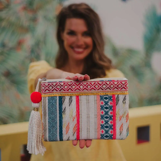 Multicolored Clutch with Frill and Pom Pom Tassel