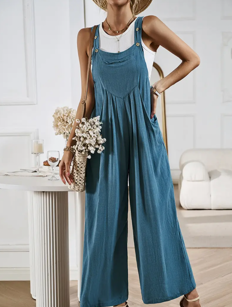 Button Detail Wide Leg Overall Jumpsuit