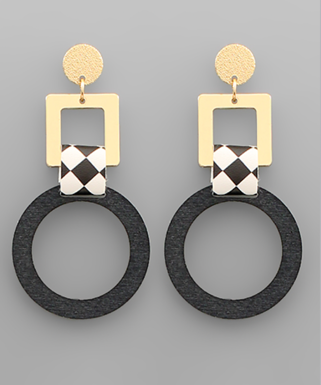 Wood Circle Leather Pattern Earrings
