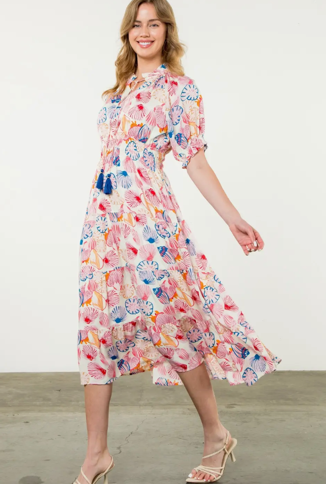 Smocked Waist Shell Print Dress