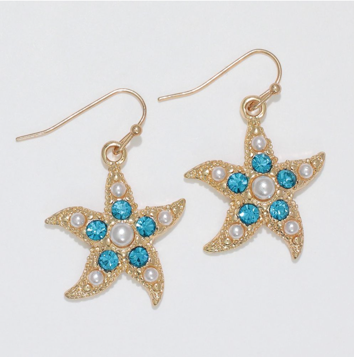 Periwinkle Gold Starfish With Aqua Stone Earrings