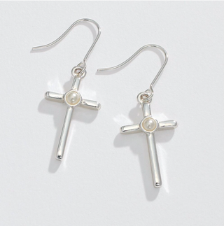 Periwinkle Silver Cross With Pearl Earrings