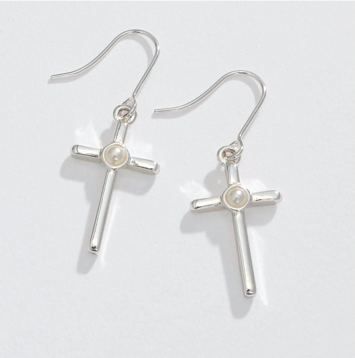 Periwinkle Silver Cross With Pearl Earrings