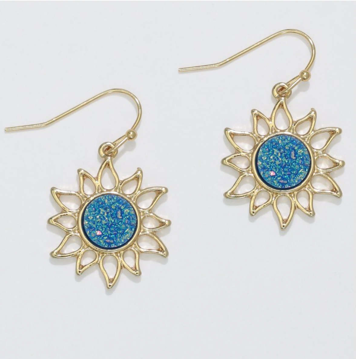 Periwinkle Gold Sun w Blue Druzy Center Earrings