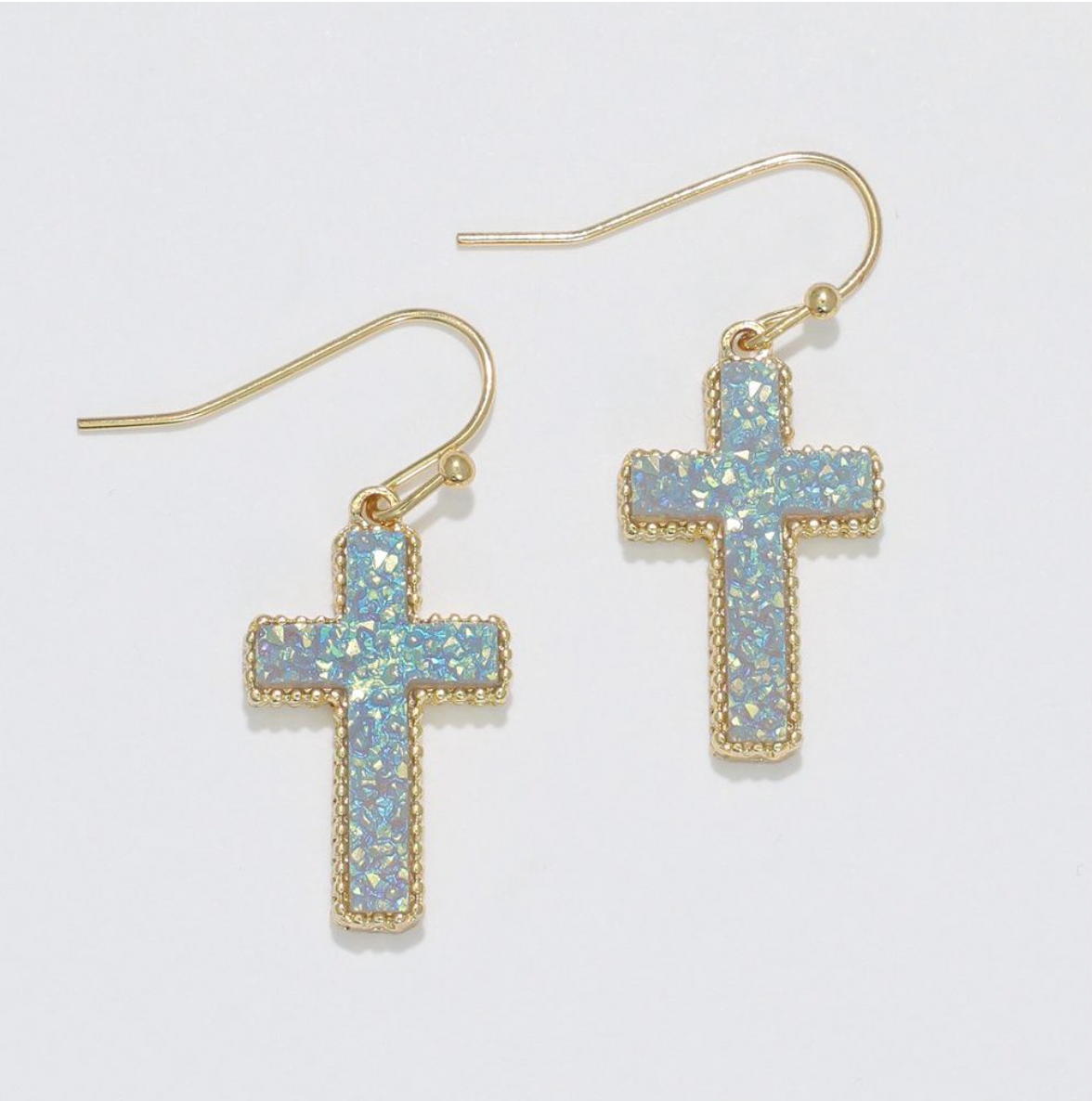 Periwinkle Cross w Blue Druzy Earrings