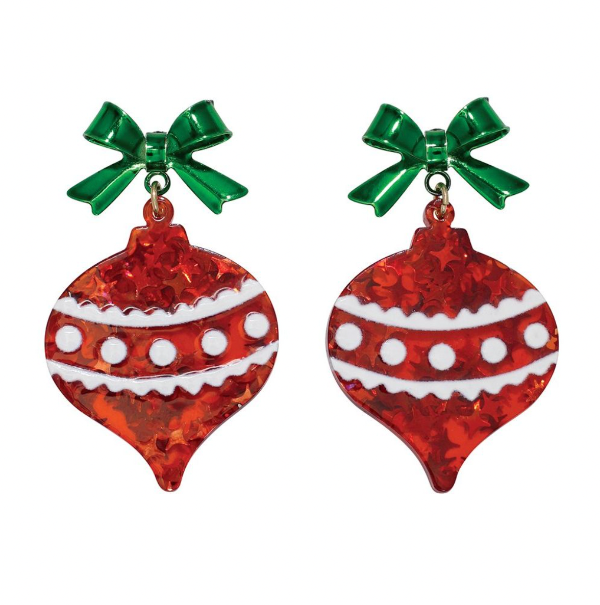 Periwinkle Red Glitter Ornament With Bow Earrings