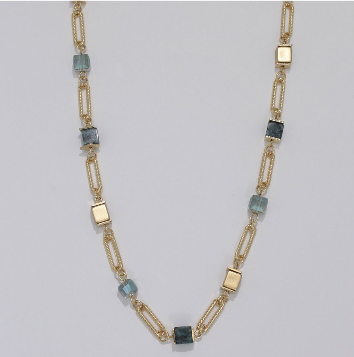 Periwinkle Green And Gold Beaded Linked Necklace