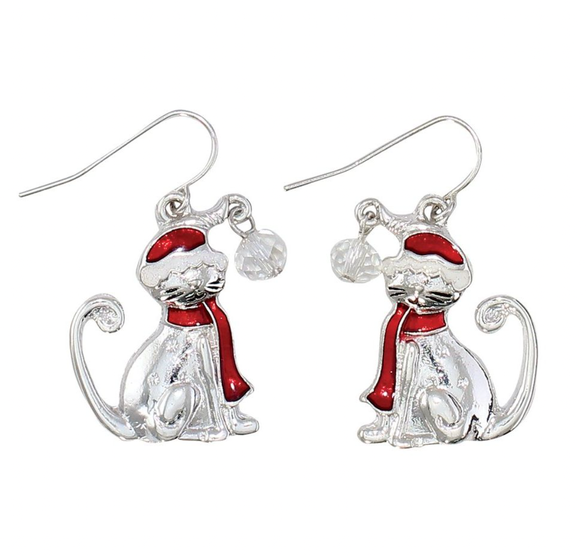 Periwinkle Santa Hat Silver Cat Earrings