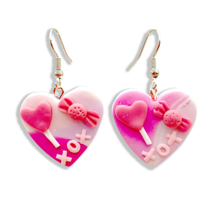 Polymer Clay Candy Heart Drop Earrings