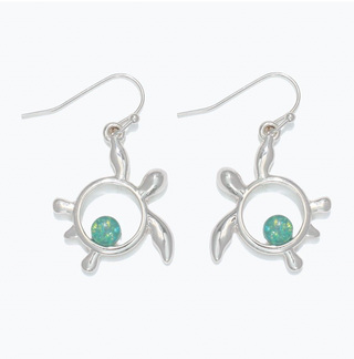 Periwinkle Silver Open Turtle with Green Earrings
