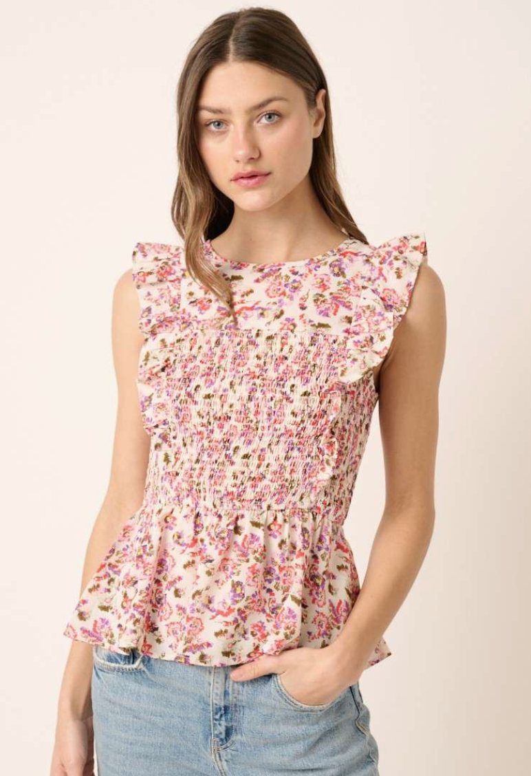 Flower Print Smocked Peplum Blouse