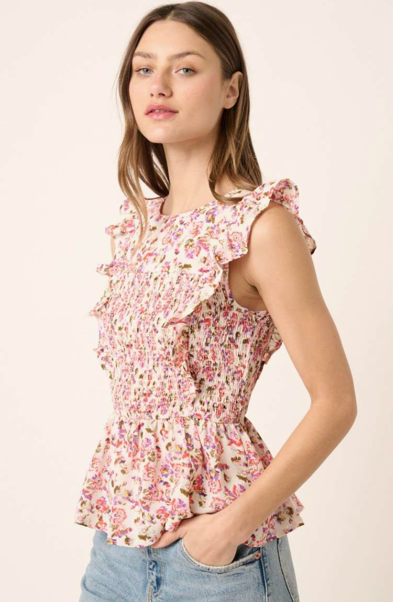 Flower Print Smocked Peplum Blouse