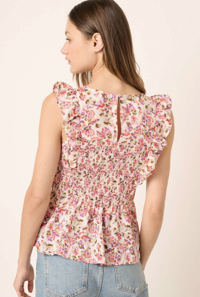 Flower Print Smocked Peplum Blouse