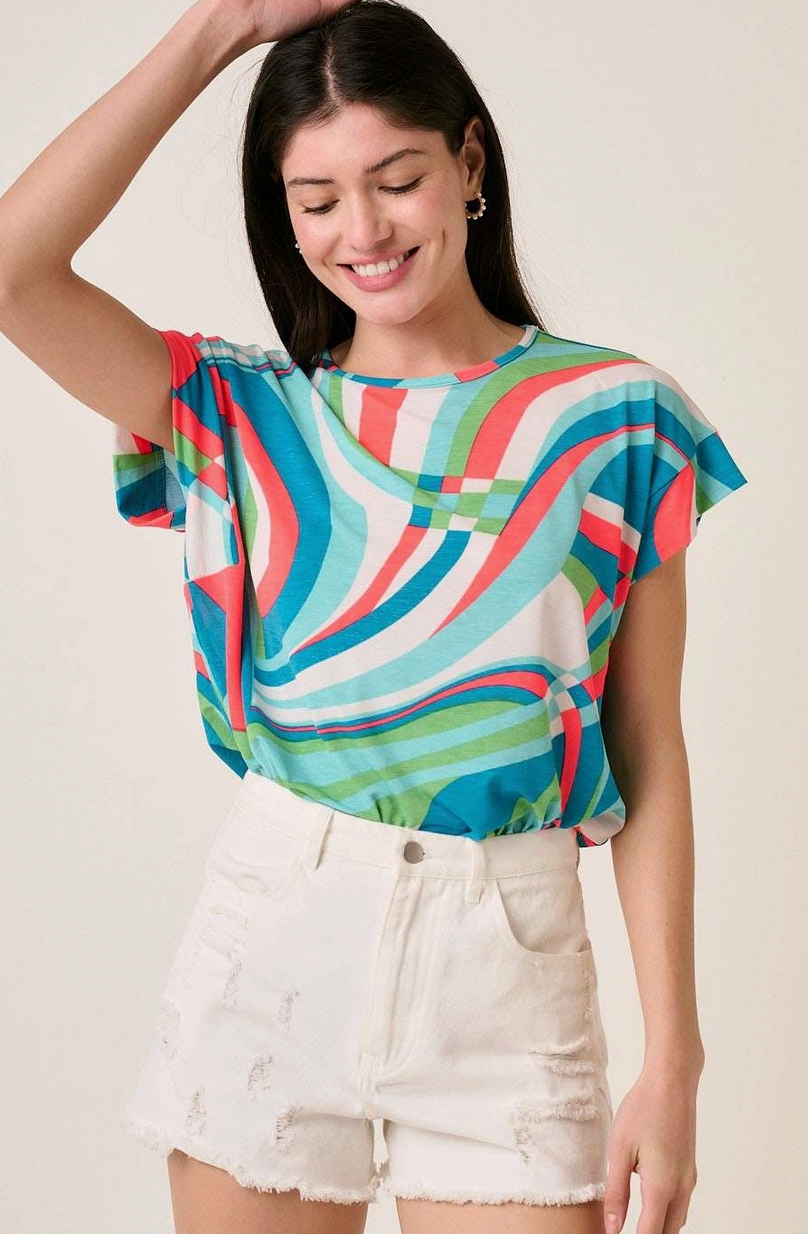Abstract Print Cap Sleeve Top