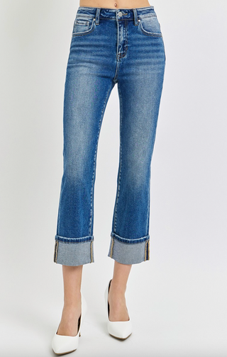 Risen High Rise Ankle Straight Cuffed Jeans