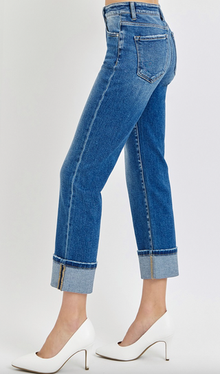 Risen High Rise Ankle Straight Cuffed Jeans