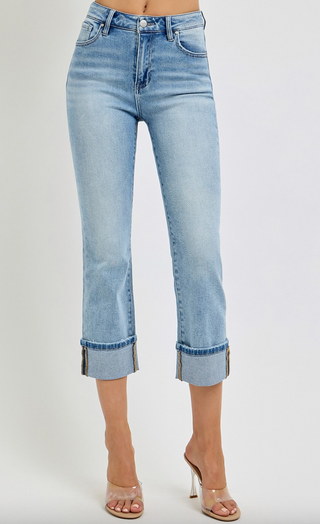 Risen High Rise Ankle Straight Cuffed Jeans