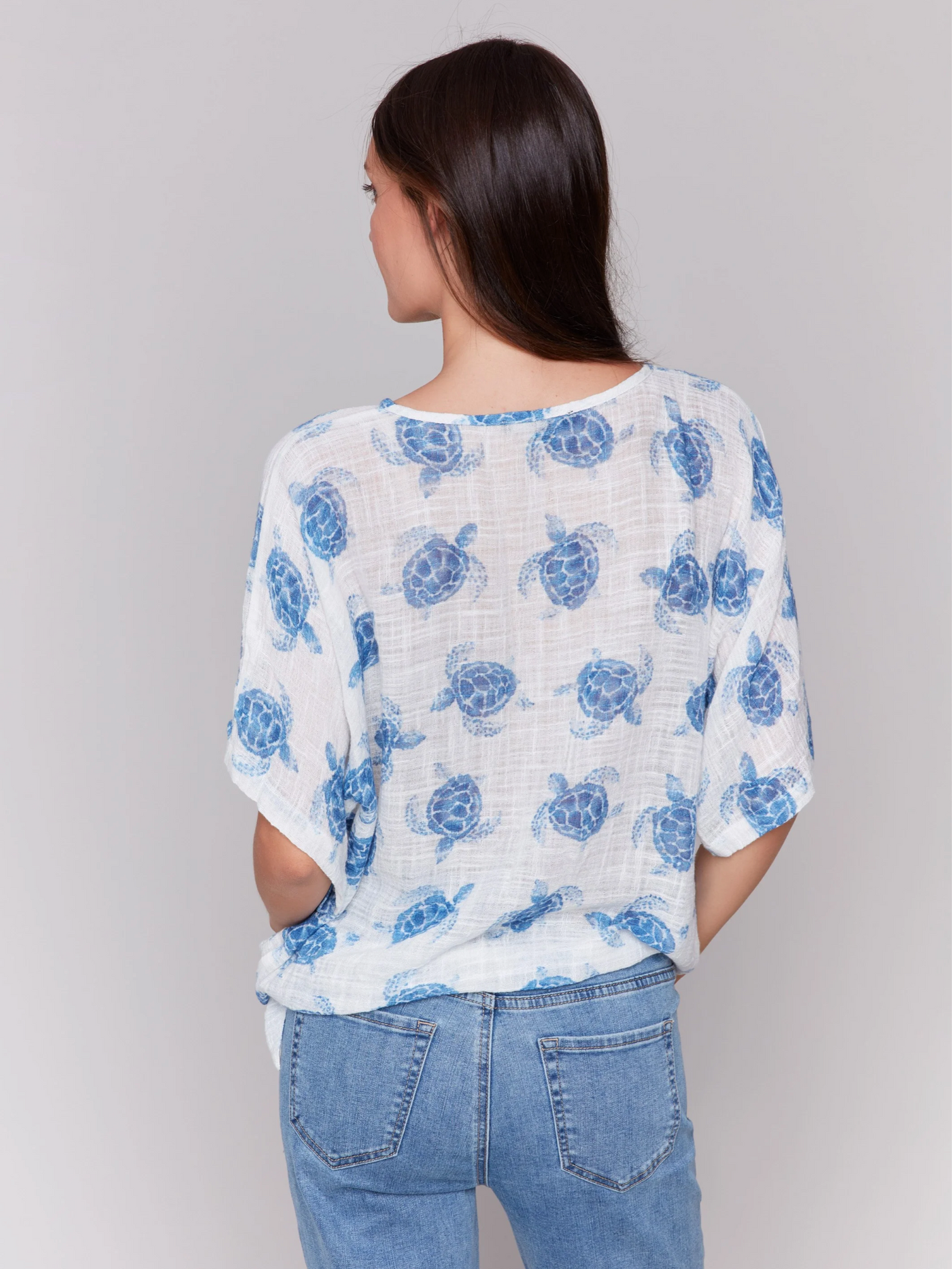 Printed Cotton Gauze Blouse with Side Tie - Turtle