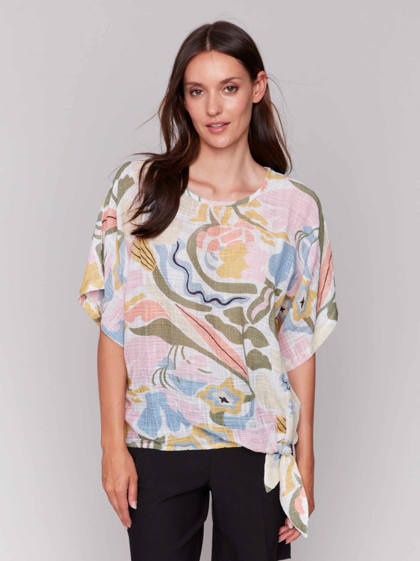 Printed Cotton Gauze Blouse with Side Tie - Pastel