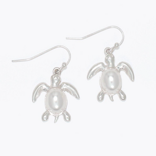 Silver Turtle With Pearl Shell Earrings
