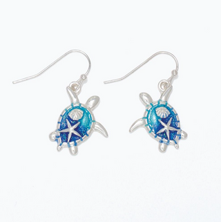 Silver Blue Turtle with Shell Earrings