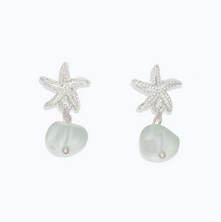 Silver Starfish and Mint Seaglass Earrings