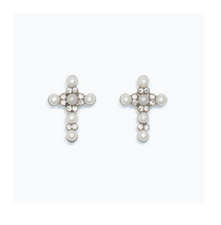 Pearl & Crystal Cross Silver Stud Earrings
