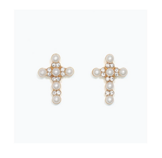 Pearl & Crystal Cross Gold Stud Earrings