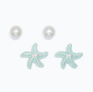 Periwinkle Duo Pearl and Aqua Starfish Earrings