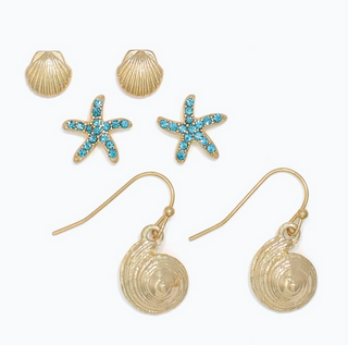 Periwinkle Gold Shells Aqua Starfish Earrings